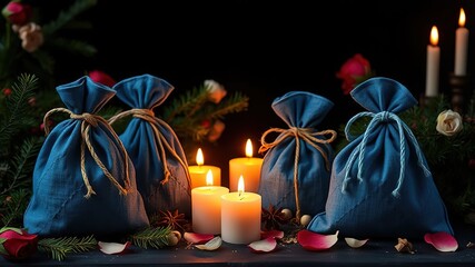 Yule Winter Solstice Magic Spell Bags - Blue Cotton Herbs Spices