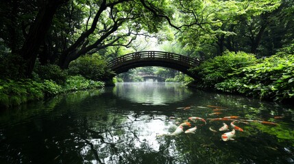 Tranquil koi pond scene with wooden bridge lush garden nature photography serene landscape peaceful atmosphere
