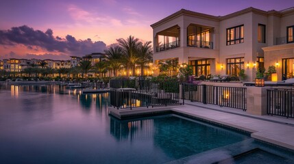 Luxury waterfront villas at sunset residential area photography calm waters evening tranquil atmosphere