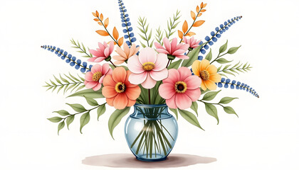 Obraz premium Vibrant floral arrangement in a blue vase showcasing colorful blossoms and greenery 