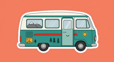 Vintage Camper Van Illustration with Trees and Mountain Graphics for Adventure