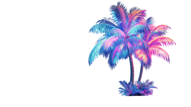 Two vibrant palm trees with neon colors on transparent background