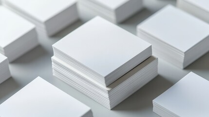 Stacks of clean, white papers arranged in neat rows. The image showcases a simple, yet elegant composition