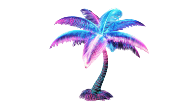 Vibrant neon palm tree shining on transparent background