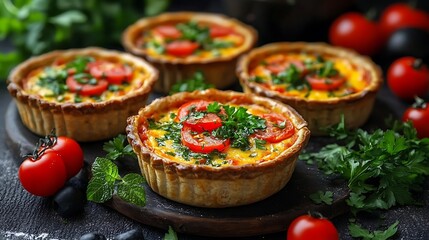 Four mini quiches with cherry tomatoes and parsley.