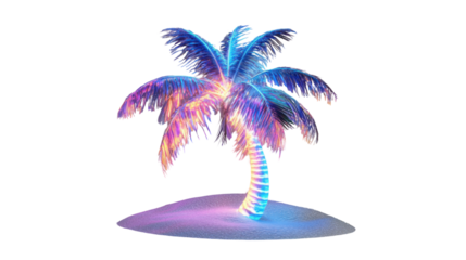 Glowing palm tree standing on illuminated sand with transparent background