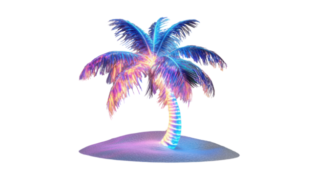 Glowing palm tree standing on illuminated sand with transparent background