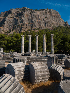 Temple of Athena in the ruins of Priene. Historical antic heritages of Turkey. Soke district, Aydin province, Turkey country