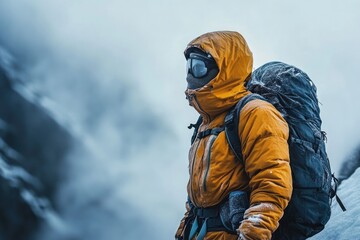 A mountaineer in thermal gear, preparing for a cold and misty ascent.