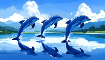 Three dolphins leaping joyfully in a tranquil ocean bay, majestic mountains and a vibrant sky forming a breathtaking backdrop.
