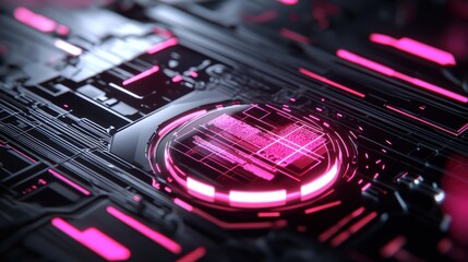 Obraz premium Close-up of a sleek laptop keyboard with holographic touch-sensitive keys, futuristic digital interface, cyberpunk lighting, high-tech innovation, ultra-realistic details