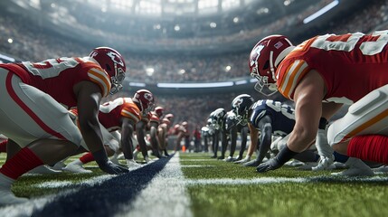 Two american football teams facing off at the line