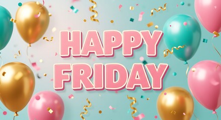 Festive Happy Friday Celebration with Balloons and Confetti Background