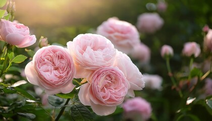 delicate pink rose flowers in landscape gardening design, light pink double roses in summer garden