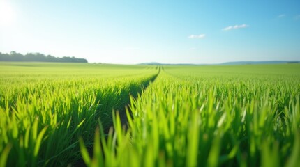 Obraz premium A vast green field of freshly mowed grass under a bright, clear sky, evoking the fresh and invigorating smell of a well-maintained lawn.