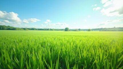 Fototapeta premium A vast green field of freshly mowed grass under a bright, clear sky, evoking the fresh and invigorating smell of a well-maintained lawn.