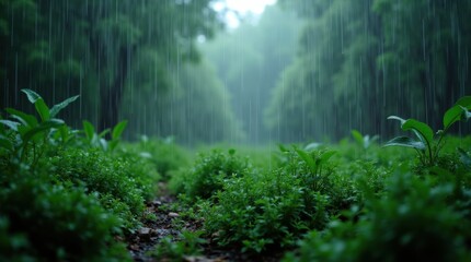 Fototapeta premium Heavy raindrops on a lush green forest floor, misty air capturing the essence of the rainy season
