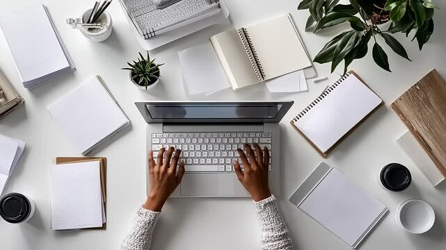 Aerial view of a person typing on a laptop surrounded by notebooks, plants, and stationery at a workspace