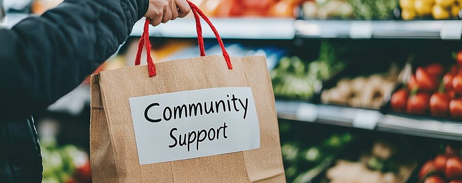 Social Policy Access Concepts. Shopping bag promoting community support in a grocery store.