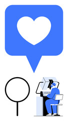 Heart-shaped thumbs up notification above a person working on a computer with a magnifying glass nearby. Ideal for digital communication, social media, engagement, creativity, technology, online