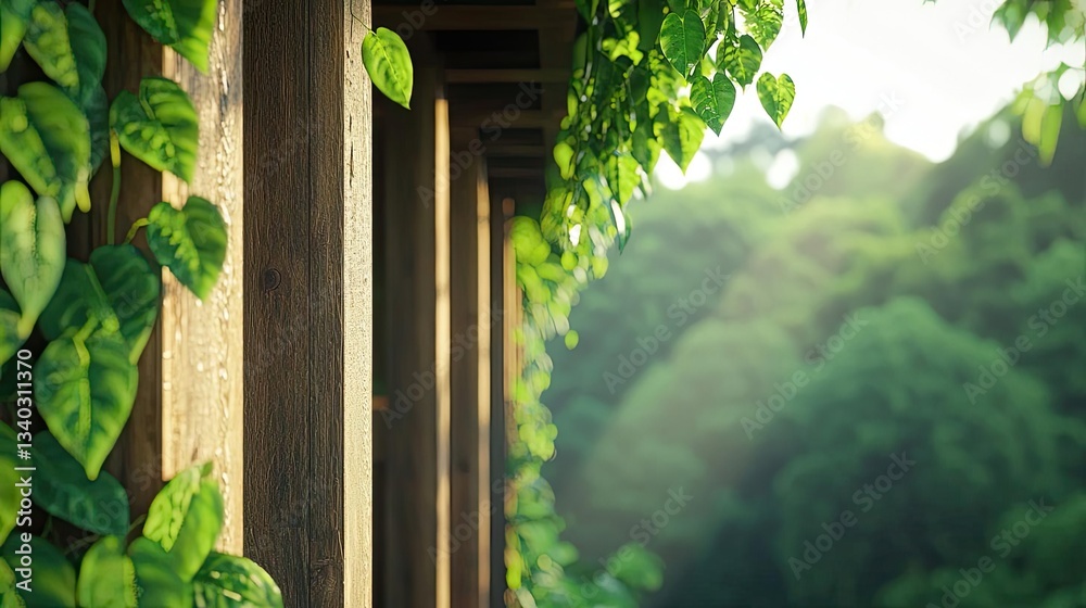 Poster treehouse in the woods landscapes concept. a serene view of lush green leaves climbing wooden struct