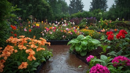 Naklejka premium Rainy garden flowers, colorful display, nature