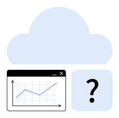 Cloud silhouette, rising line graph in window, and question mark box represent growth analysis, uncertainty, and digital data trends. Ideal for technology, analytics, decision-making, forecasting