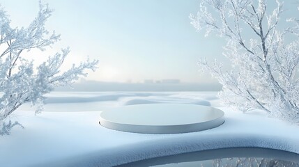 Clean product podium against a backdrop of frozen winter wonderland