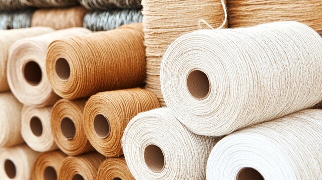 Natural yarn spools stacked, textile market, craft supply
