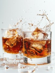 Refreshing whiskey splash with ice cubes in glass on white background captures the essence of a perfect drink for celebration and relaxation