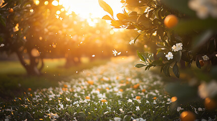 Sunlit orange grove with blossoming neroli flowers white petals and green leaves swaying in warm spring breeze  
