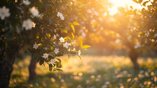 Sunlit orange grove with blossoming neroli flowers white petals and green leaves swaying in warm spring breeze  

