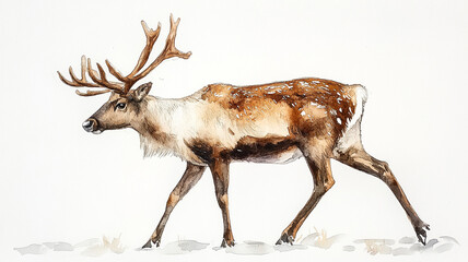 watercolor drawing of reindeer gracefully walking on white background, showcasing its majestic antlers and detailed fur. artwork captures serene beauty of animal