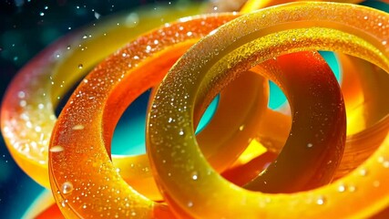 Colorful gummy rings surrounded by sparkles create a vibrant visual display