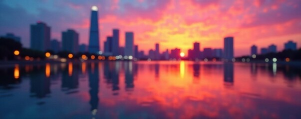 Fototapeta premium Blurred cityscape, sunset hues reflected in water, city, blur, color
