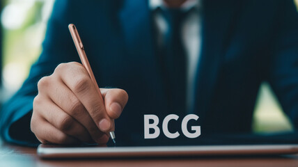 person in suit is using stylus on tablet displaying letters BCG, suggesting focus on business strategy or consulting. setting is professional and modern