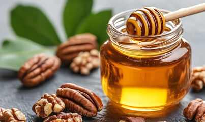 Delicious honey in a glass jar with pecans and green leaves.  Perfect for healthy eating, food blogs, or honey product advertising.