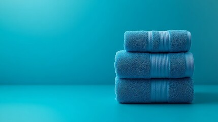 Stack of three blue bath towels on blue background.