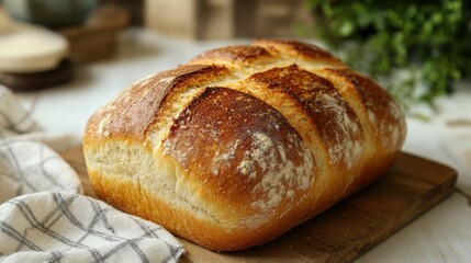 Freshly baked bread loaf with a golden crust placed on a clean surface