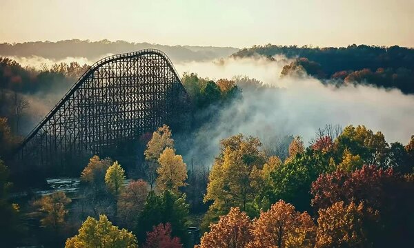 Misty autumn sunrise over valley rollercoaster