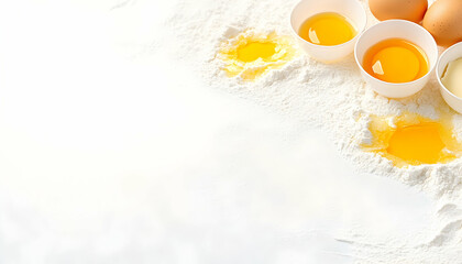 Baking ingredients flour, eggs, and egg yolks arranged on a white surface, creating a culinary backdrop perfect for recipe blogs or food websites.