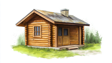 cozy wooden cabin with rustic charm stands amidst nature, featuring log construction and stone chimney. cabin is surrounded by greenery, evoking peaceful atmosphere