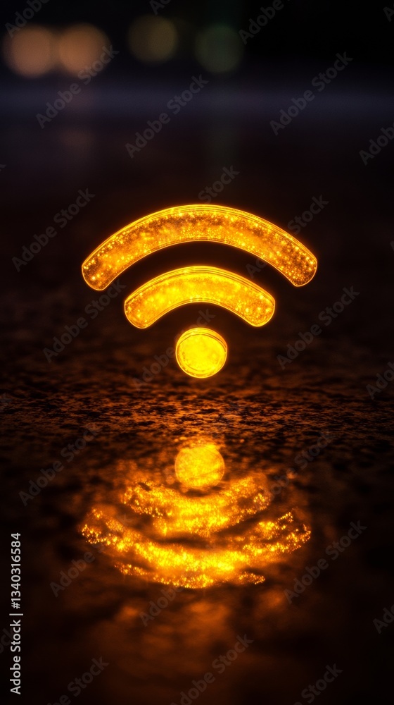 Poster glowing wifi symbol with golden lights and reflections on dark surface