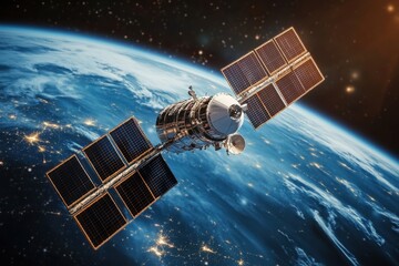 A satellite is flying through space above the Earth