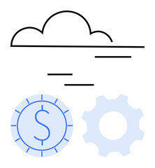 Cloud element above currency symbol and gear icon, symbolizing economic growth, process optimization, technology integration. Ideal for cloud computing, finance, automation, savings, efficiency