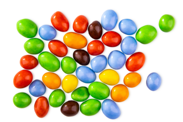 Colorful chocolate coated candies isolated on white background. Top view of Colorful sugar coated peanuts, bonbons, chocolate coated nuts background. png file, transparent background