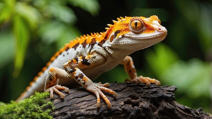 A vibrant gecko perched on a textured tree trunk, surrounded by lush green foliage.