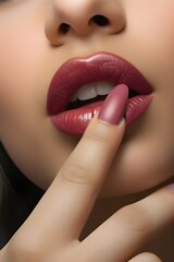 Naklejka premium Close up of woman applying lipstick to her lips with her finger, beautiful nails.