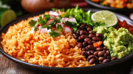 Vibrant Mexican Bowl with Rice, Black Beans, Guacamole, and Fresh Lime on Rustic Wood Tabletop, Overhead Shot, Close Up, Food Photography