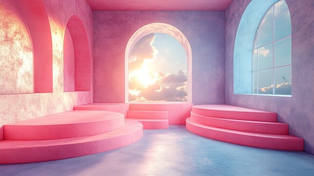 Abstract interior showcasing pink and blue hues with arches and a sunset view in a modern artistic space